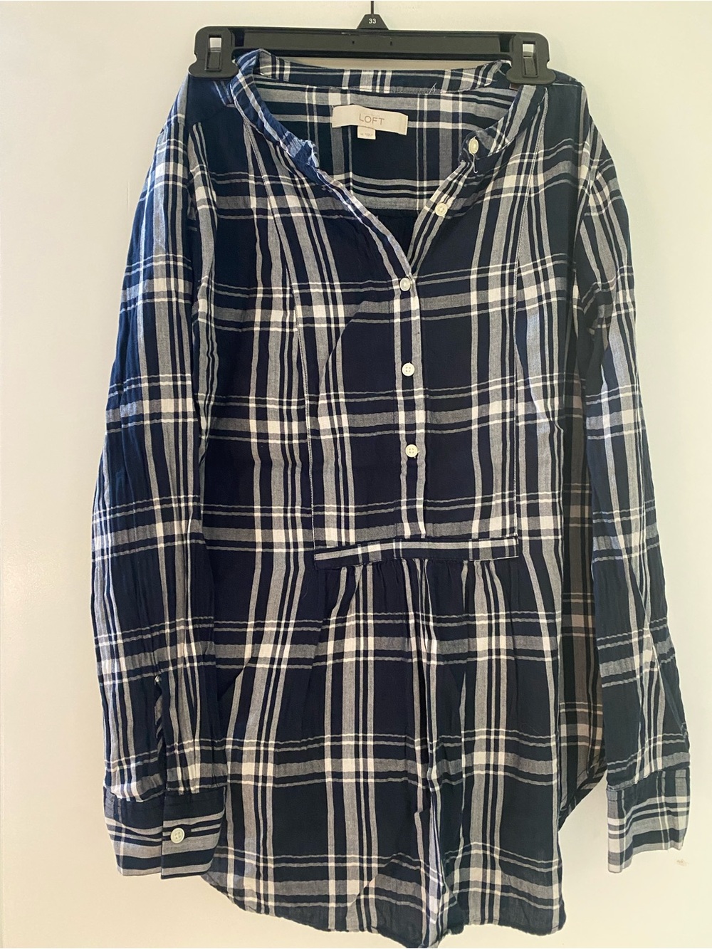 LOFT Navy and White Plaid Button-Front Shirt